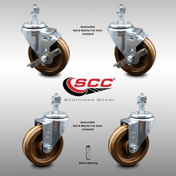 Service Caster 4 Inch SS High Temp Phenolic Swivel 1/2 Inch Threaded Stem Caster Brakes SCC, 2PK SCC-SSTS20S414-PHSHT-121315-2-TLB-2 - main